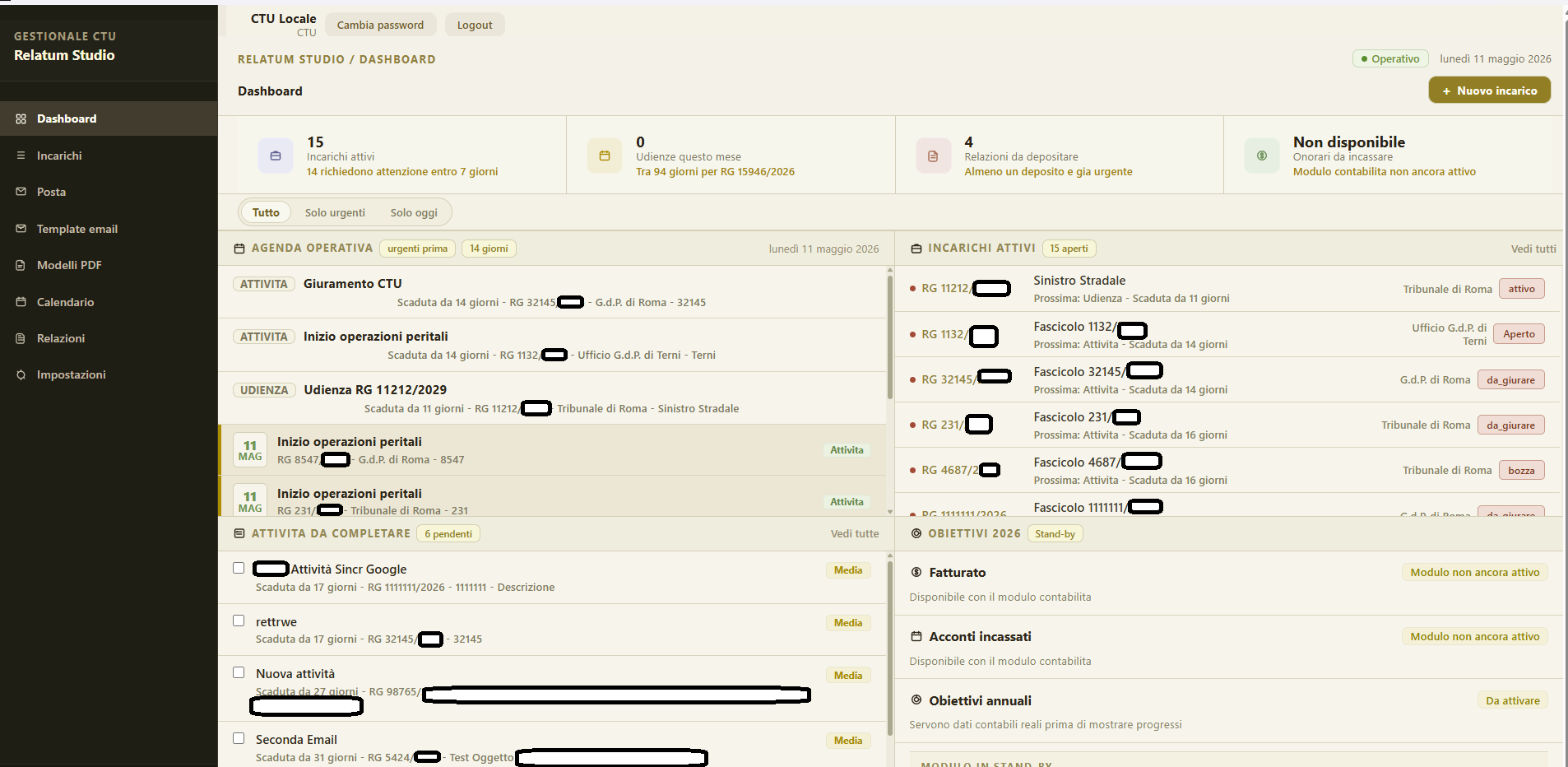 Dashboard operativa Relatum Studio